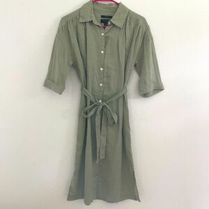 Tahari Linen Olive Green Quarter Sleeve Button-Up Shirt Dress XS